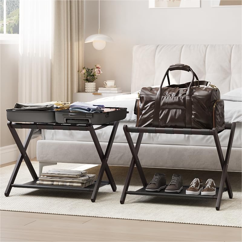 Smart FENDEE 2 Pack Luggage Rack, Folding Luggage Rack for Guest Room, Brown Bamboo Suitcase Stand Holds up to 131 lb, Luggage Stand with Storage Shelf for Hotel, Bedroom - Image 1